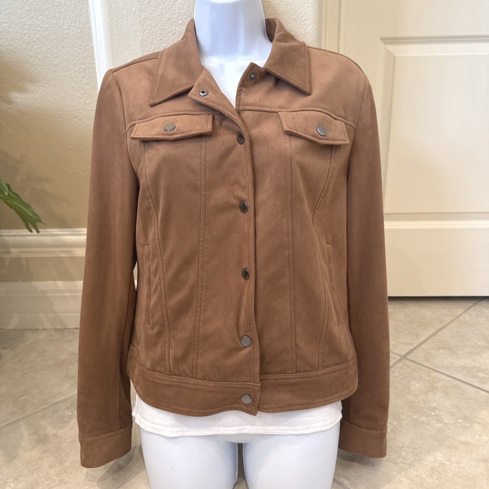 Burton of London Tan Brown Faux Suede Trucker Jacket Snap Front Sz‎ 42 (L) Women